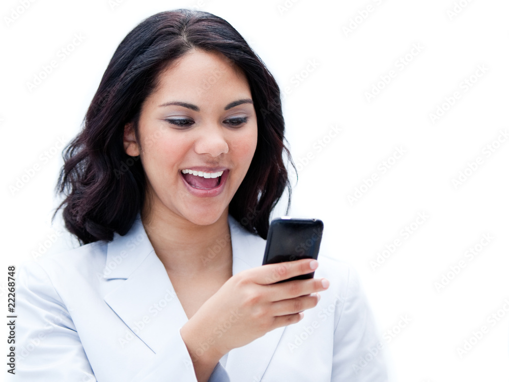 Portrait of a jolly businesswoman sending a text Portrait of a jolly businesswoman sending a text