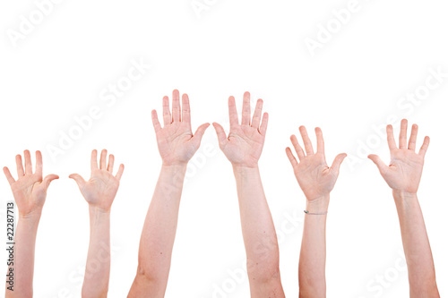 Many children hands high up