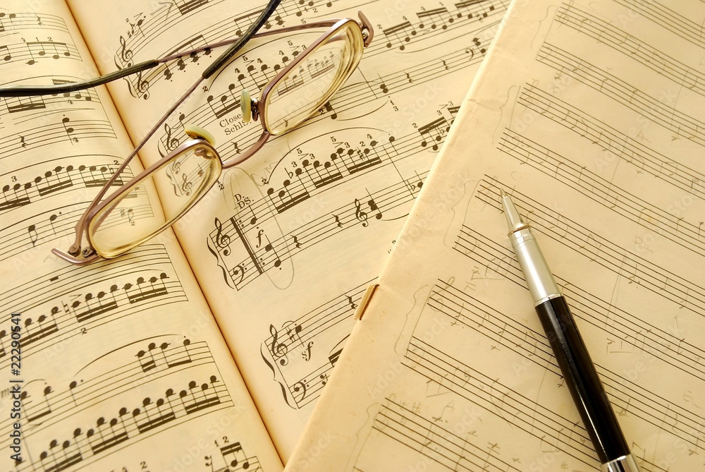 Old music score, manuscript and pen Old music score, manuscript and pen