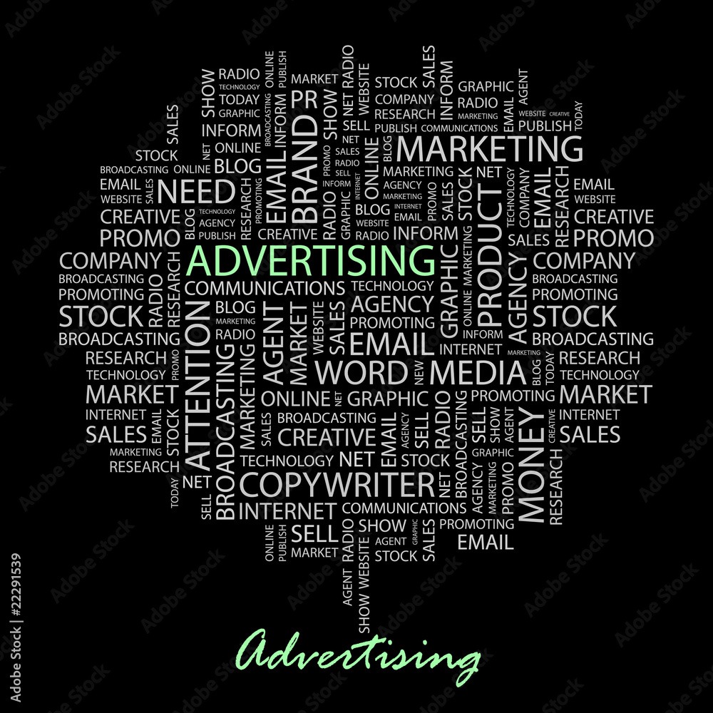 ADVERTISING. Word collage on black background. ADVERTISING. Word collage on black background.