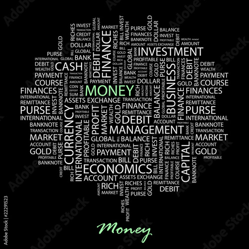 MONEY. Word collage on black background.