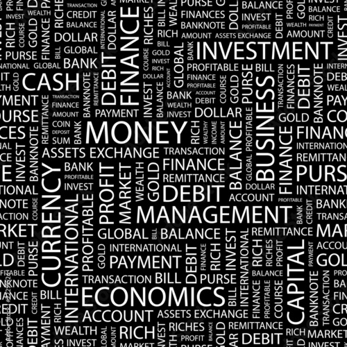 MONEY. Seamless vector pattern with word cloud.