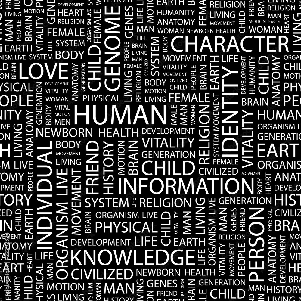HUMAN. Seamless vector pattern with word cloud.