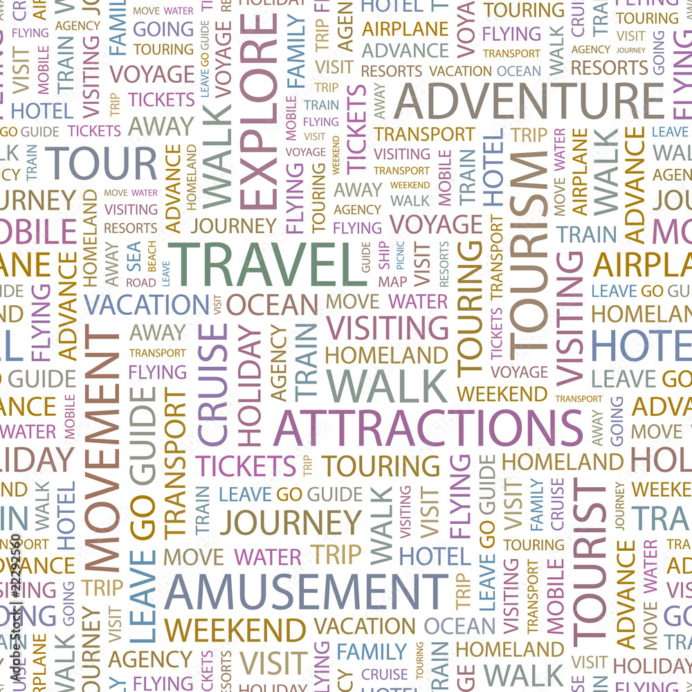 TRAVEL. Seamless vector pattern with word cloud. TRAVEL. Seamless vector pattern with word cloud.