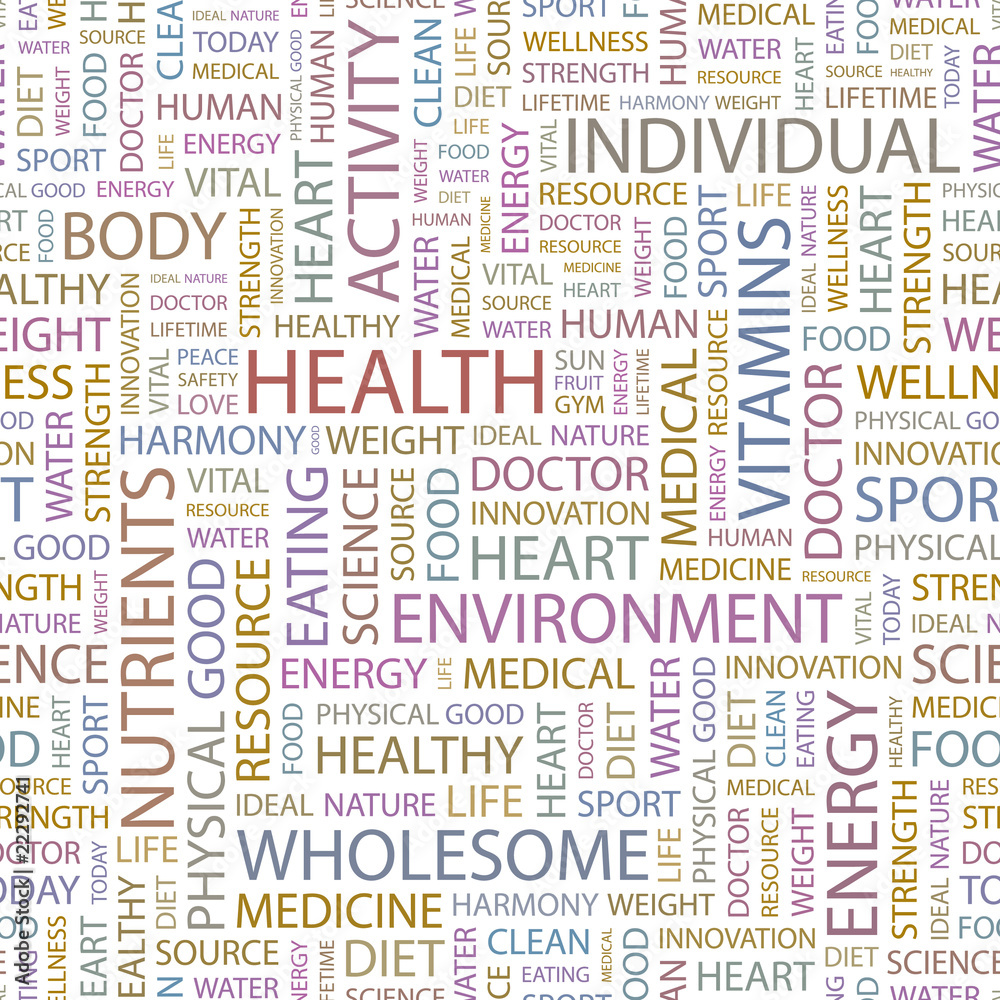 HEALTH. Seamless vector pattern with word cloud.