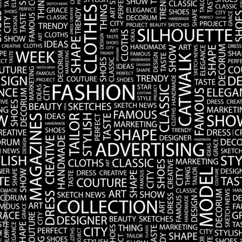FASHION. Seamless vector pattern with word cloud.