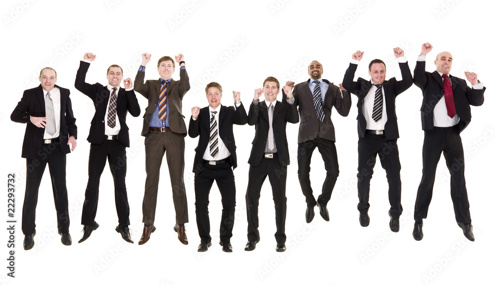 Jumping businessmen in a row