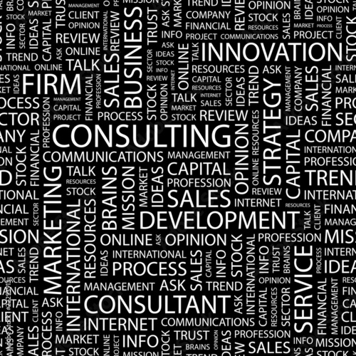 CONSULTING. Seamless vector pattern with word cloud.