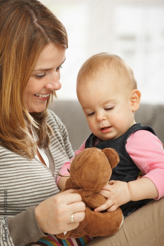 Happy mum and baby with teddy bear Happy mum and baby with teddy bear