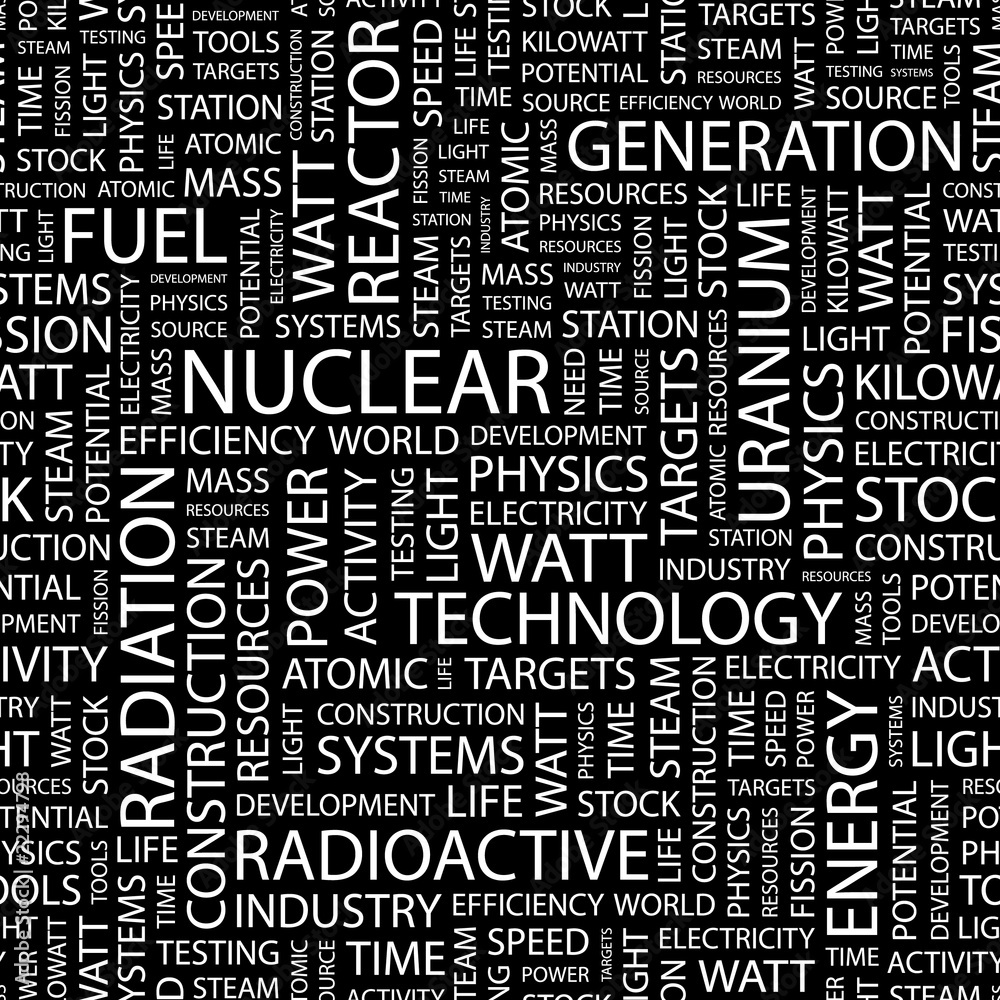 NUCLEAR. Seamless vector pattern with word cloud.
