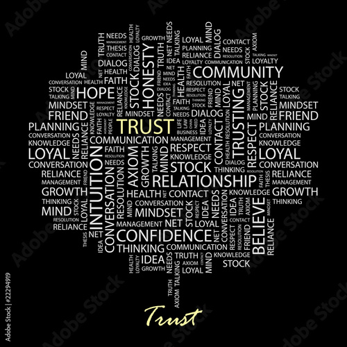 TRUST. Word collage on black background. Vector illustration.