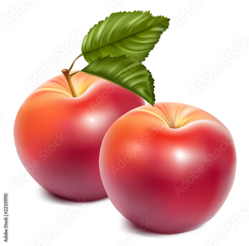 Vector. Ripe red apples with green leaves.