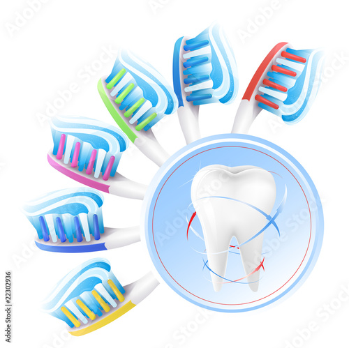 Vector. Dental concept. White tooth, toothbrush with toothpaste.