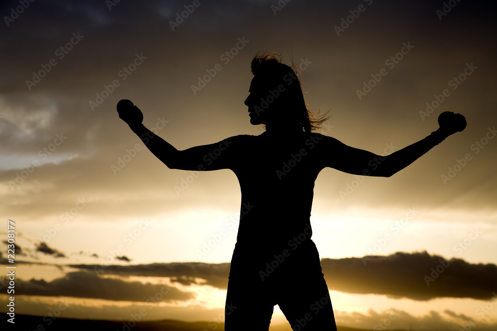 woman arms up weights silhouette