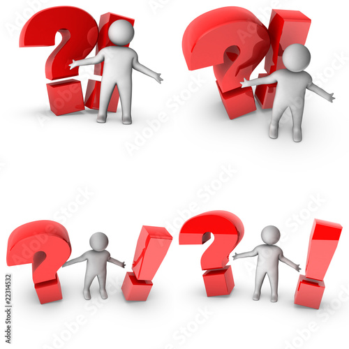 set of 3d man with quest and exclamation sign