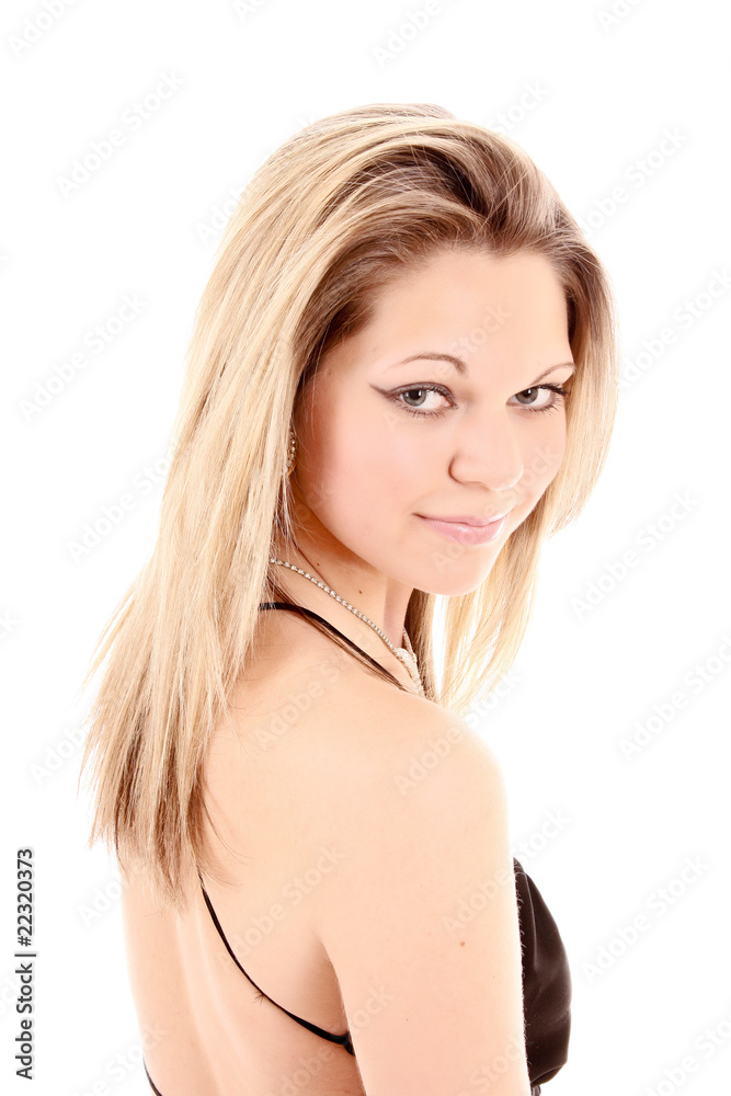Beautiful woman posing in black dress isolated on white Beautiful woman posing in black dress isolated on white