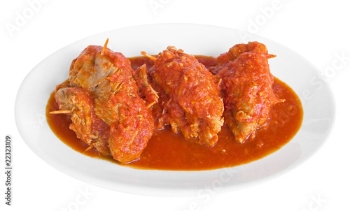 Meat roulade in tomato sauce on white dish.