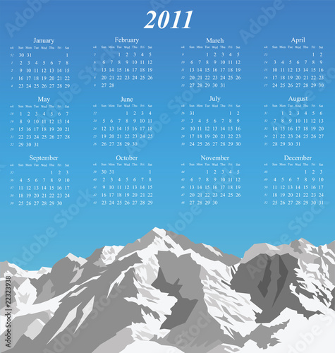 2011 calendar with snow capped mountain range