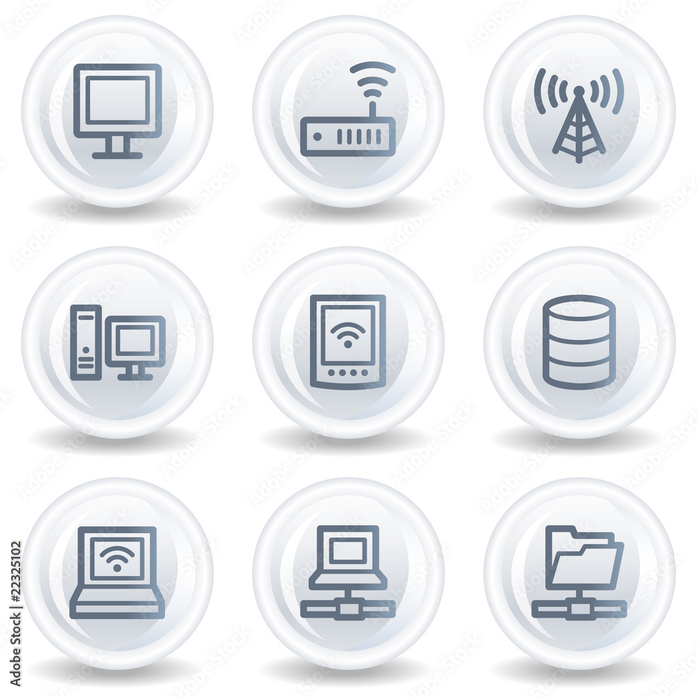 Network web icons, white glossy circle buttons Network web icons, white glossy circle buttons