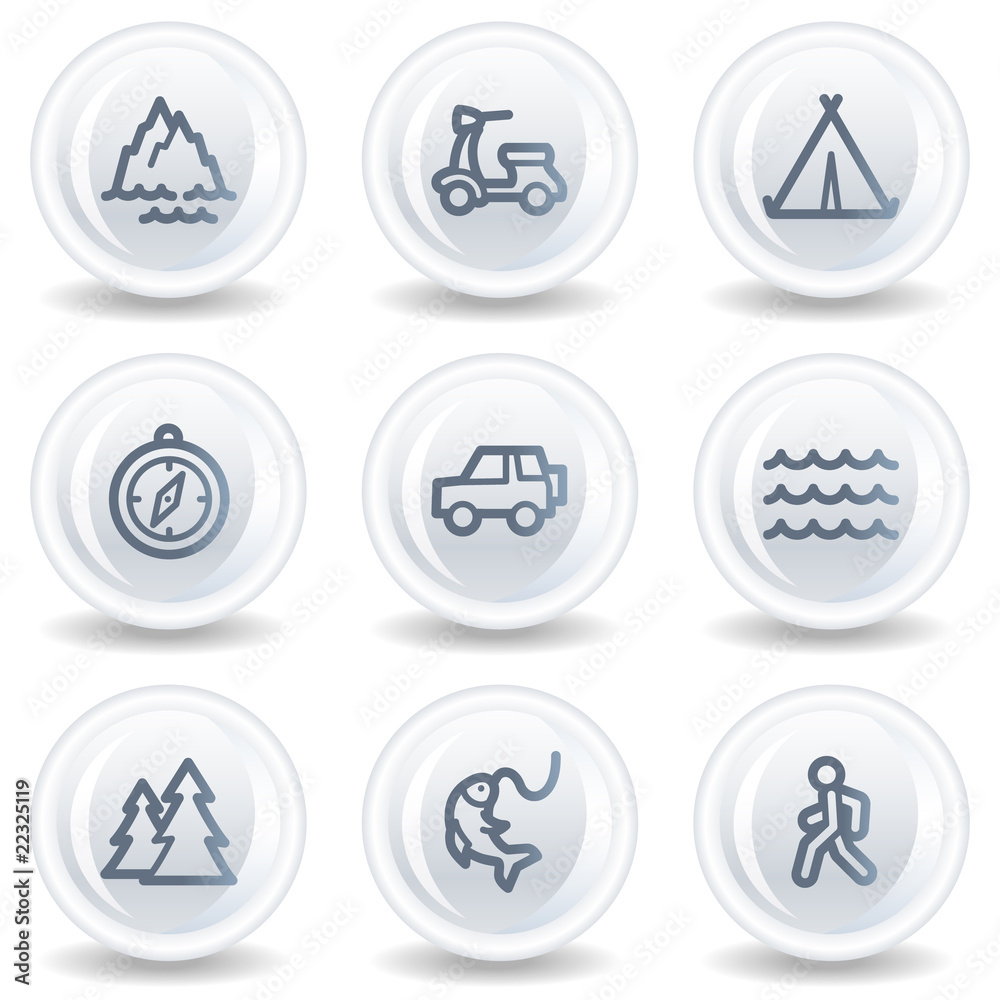 Travel web icons set 3, white glossy circle buttons