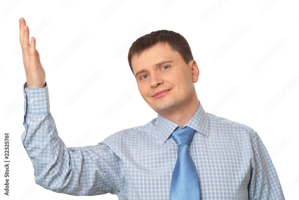 smiling business man with hand raised his hand smiling business man with hand raised his hand
