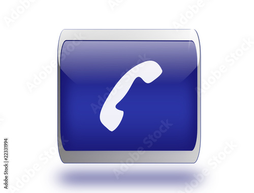 bouton web 3d  bleu carré  symbo téléphone blanc