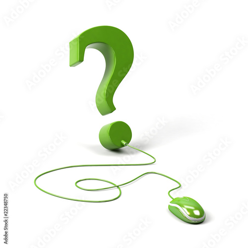 Question mark connected to a computer mouse. 3d image.