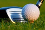 Close up of golf ball and club on golf course