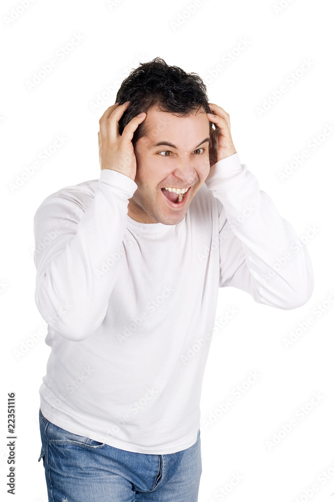 Angry man screaming isolated over white Angry man screaming isolated over white