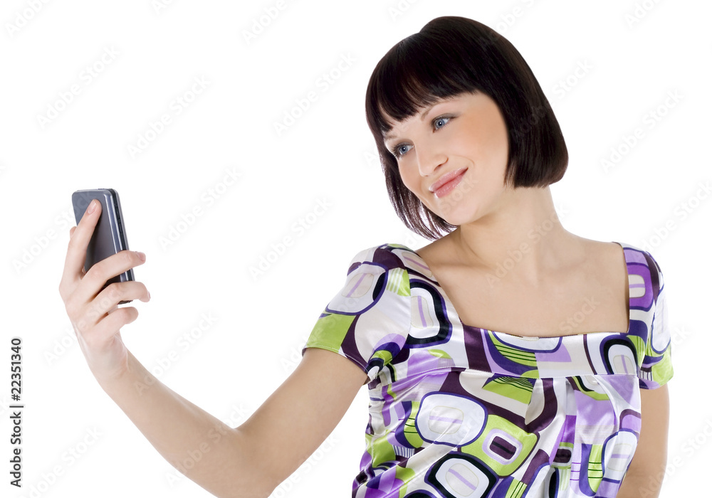 Bright picture of happy woman with cell phone Bright picture of happy woman with cell phone