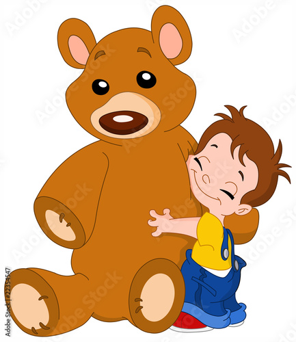 Cute kid hugging his big teddy bear