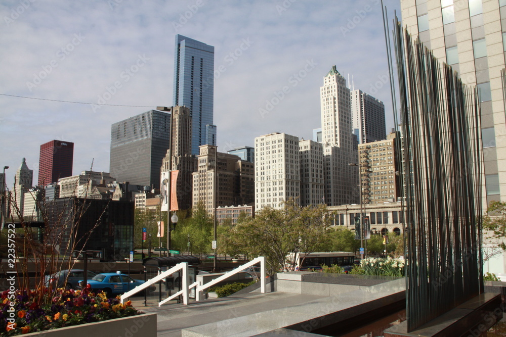 Vista de Chicago y escultura