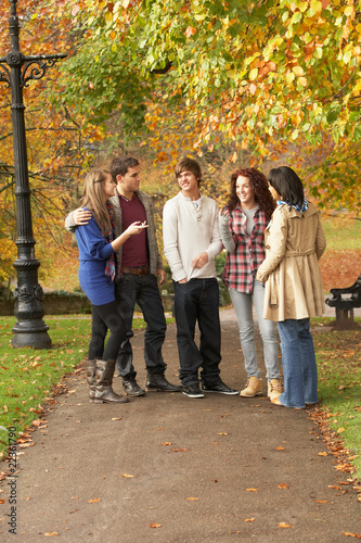 Group Of Five Teenage Friends Chatting In Autumn Park