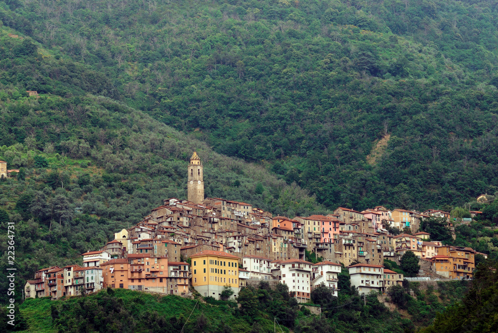 Panoramic view of town Castel Vittorio in Liguria Italy