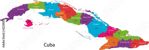 Colorful Cuba map with provinces and capital cities