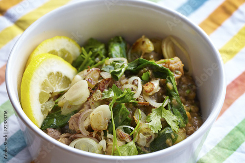 Lentils with lamb, coriander and lemon