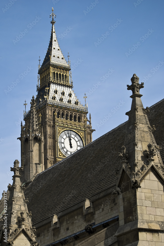 View of the Big Ben tower clock over the Parliament in London