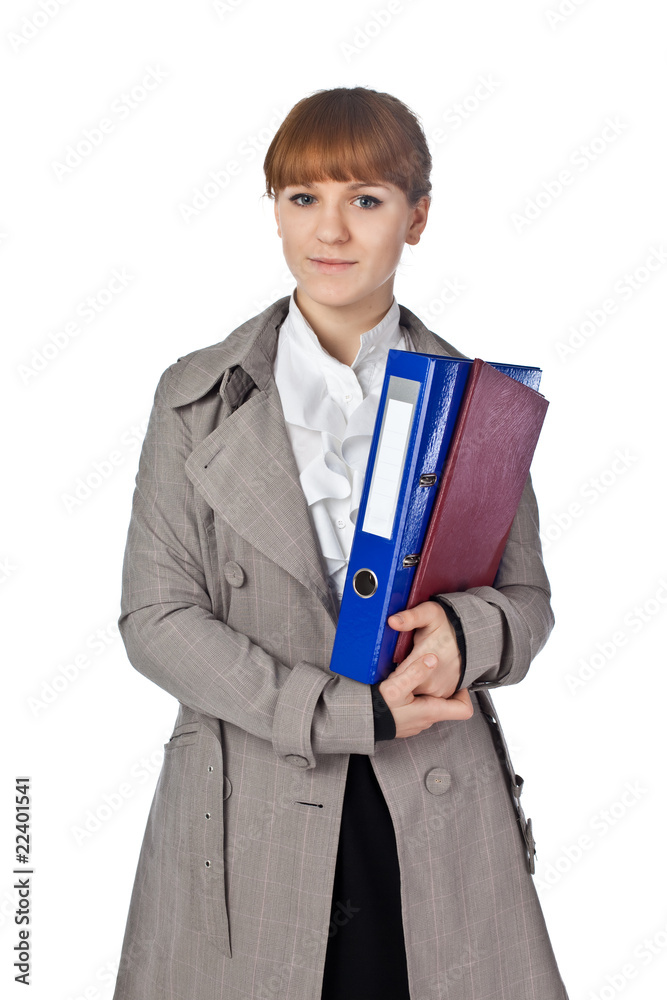 Businesswoman with book in suit isolated on white Businesswoman with book in suit isolated on white