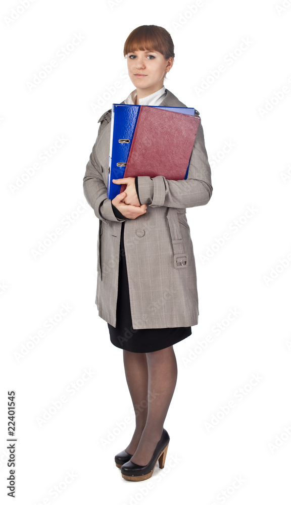 Businesswoman with book in suit isolated on white Businesswoman with book in suit isolated on white
