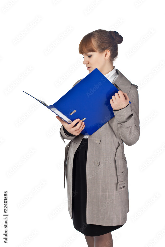 Businesswoman with book in black suit isolated on white Businesswoman with book in black suit isolated on white