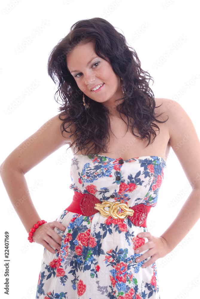 Happy young girl in floral dress Happy young girl in floral dress