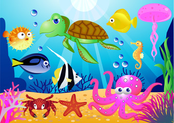 Handdoek met foto Onderwaterwereld Vrolijke zeedieren cartoon voor kinderen  © matamu