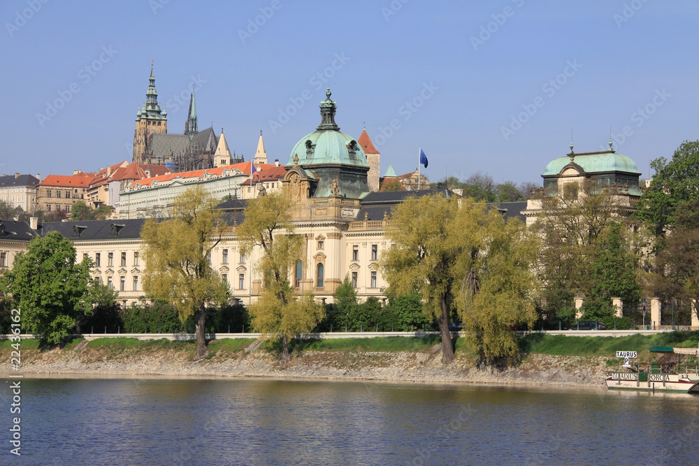 Spring Prague's gothic Castle above River Vltava