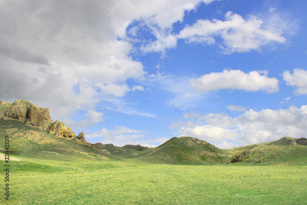 landscape in early spring in the field, cloudy sky and the mount