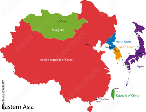 Colorful Eastern Asia map with countries and capital cities