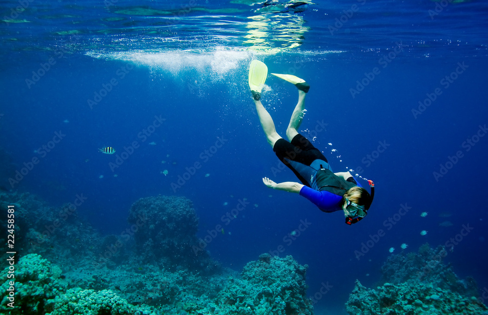 Woman snorkeling in the sea - obrazy, fototapety, plakaty 