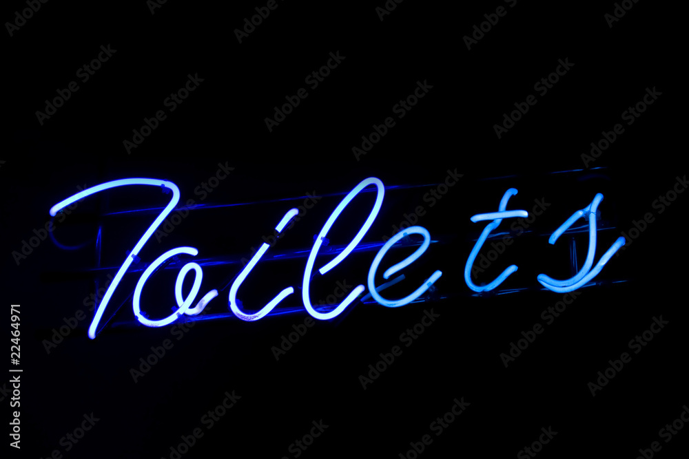 Blue neon toilets sign