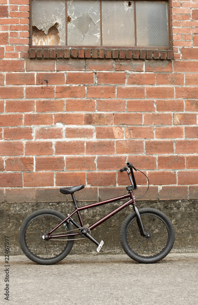 BMX bike next to brick wall