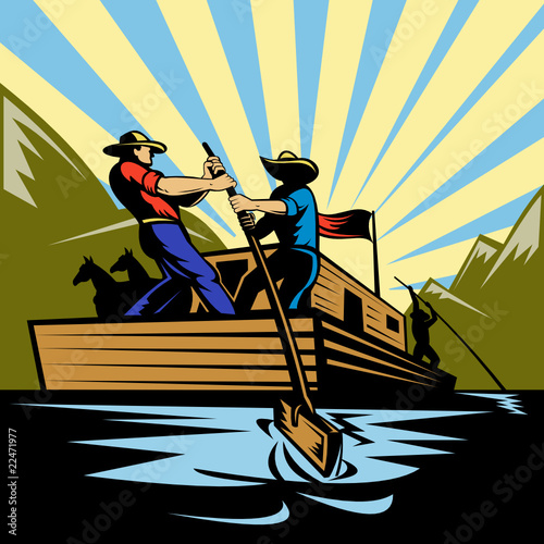 Cowboy man steering flatboat along river