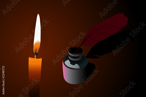 Vector illustration of candle and ink pen into phial
